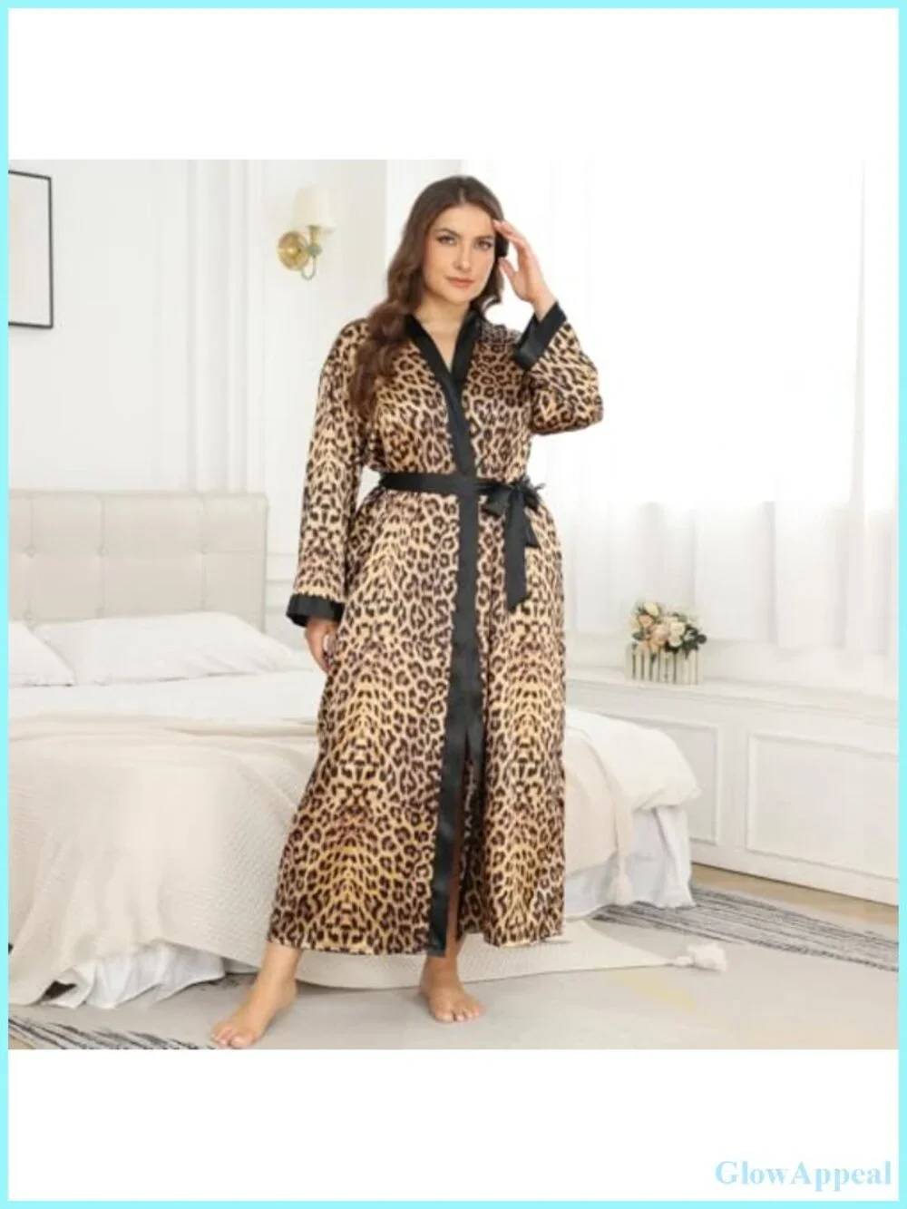 Silky Plus Size Kimono Robe Floral Leopard Long Sleeve Luxurious Sleepwear